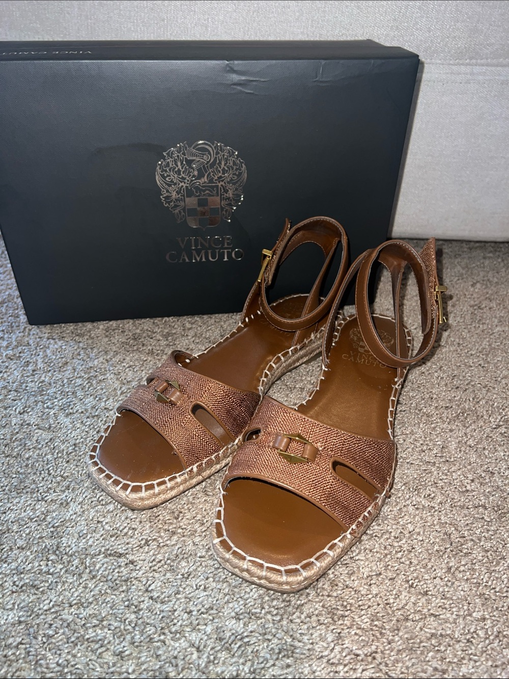 Vince Camuto Mariah Tan Brown Leather Ankle-Strap Espadrille Sandals